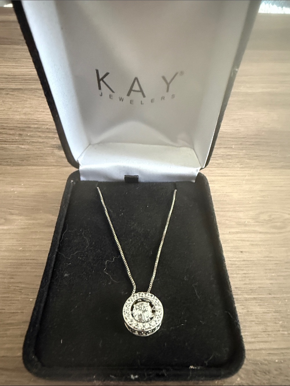 Kay Jewelers Silver Halo Pendant Necklace with Clear Stones